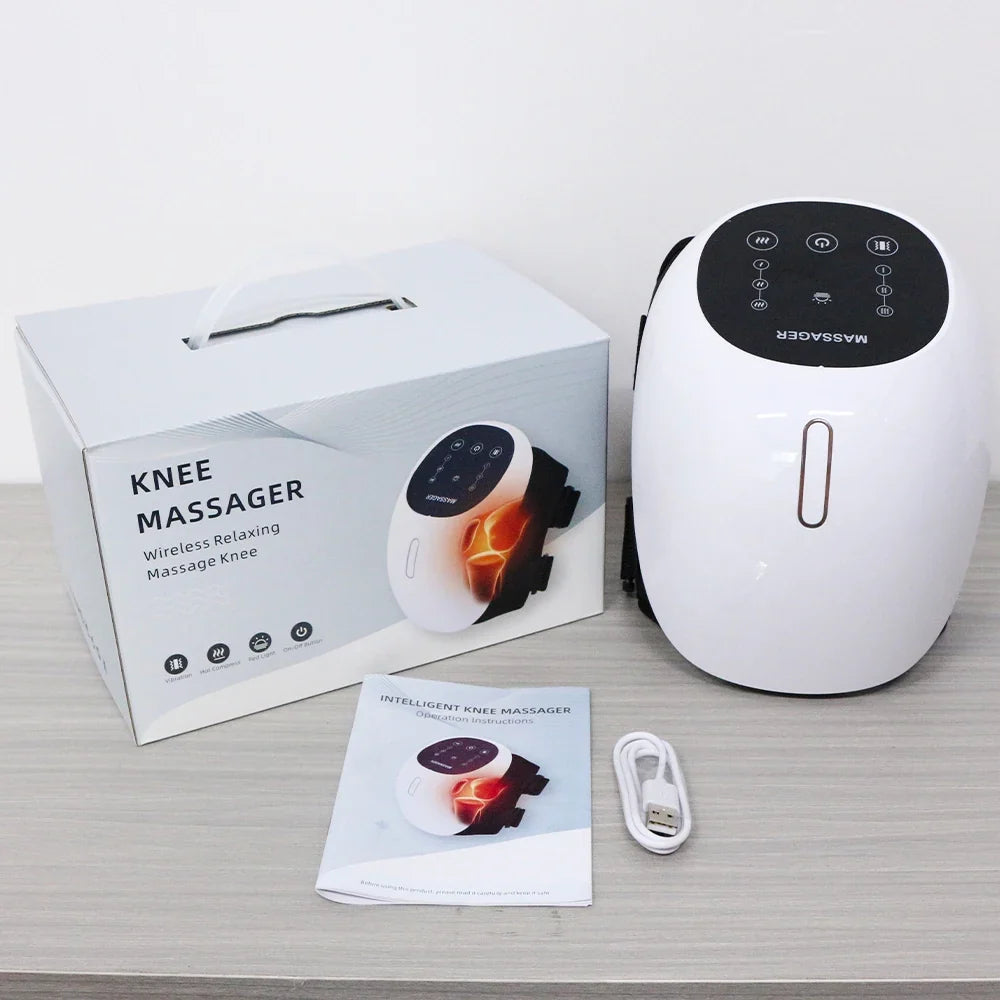 Cordless air-compression knee massager wrapped around a leg